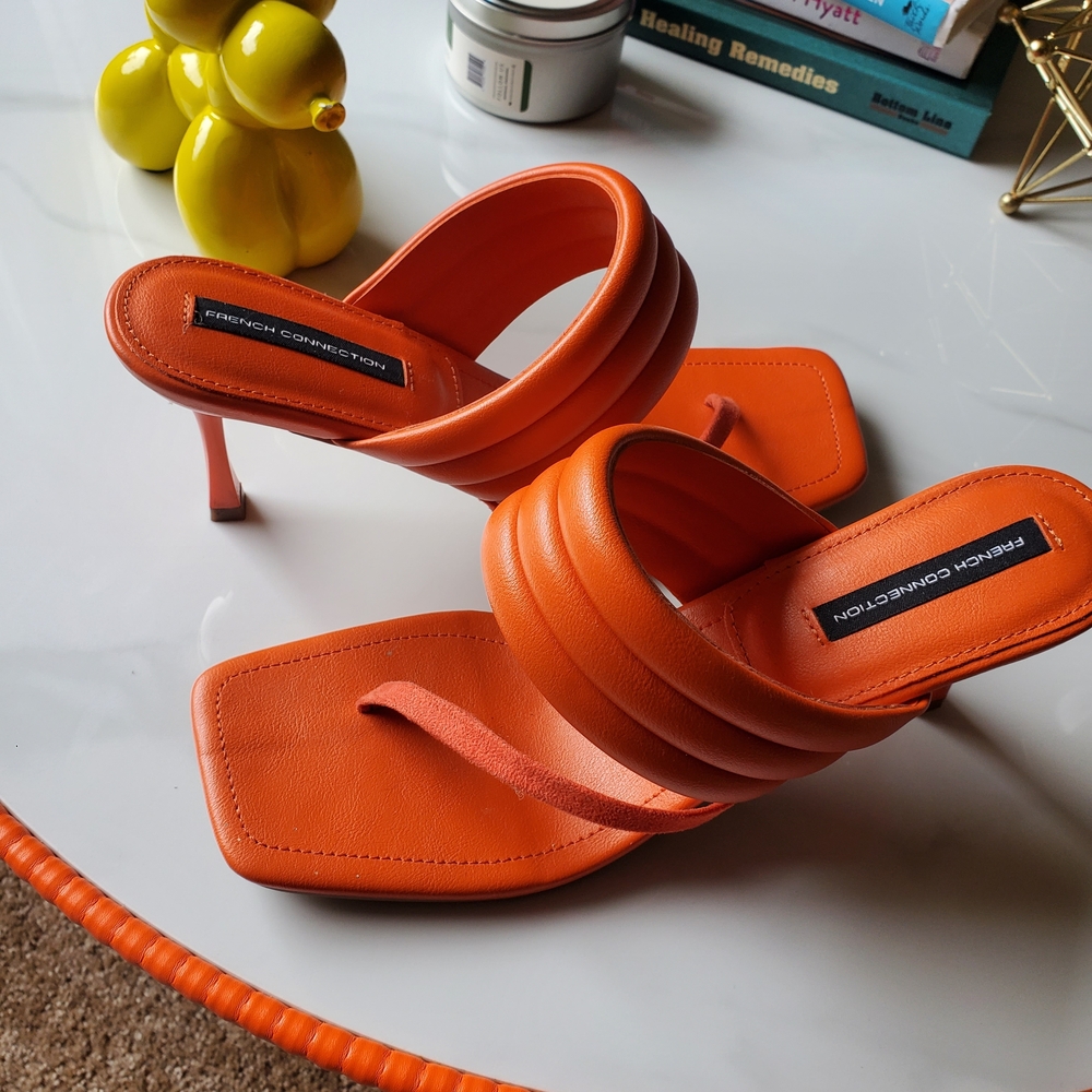 French Connection Orange Quilted Thong Strap Heels. Heel 3 inches. Summer Fun